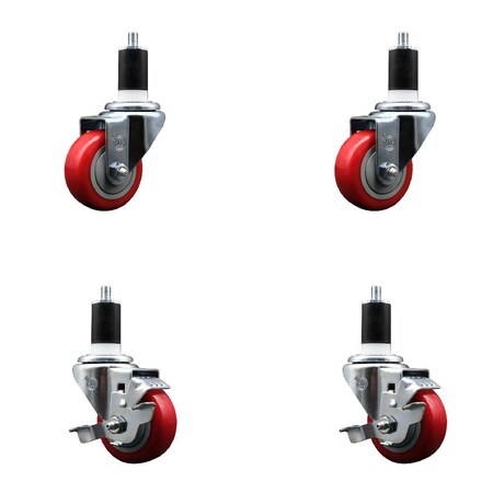 Service Caster 3'' SS Red Poly Wheel Swivel 1-1/2'' Expanding Stem Caster Set 2 Brakes, 4PK SCC-SSEX20S314-PPUB-RED-2-TLB-2-112